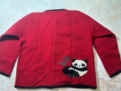 Miso Button Up Panda Women’s Cardigan Sweater Red 100-% Wool Size Small Medium - Thumbnail 2