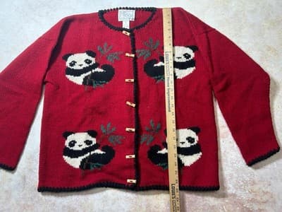Miso Button Up Panda Women’s Cardigan Sweater Red 100-% Wool Size Small Medium - Thumbnail 4