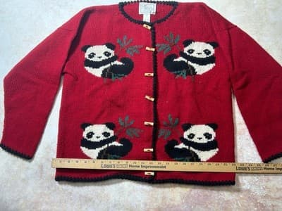Miso Button Up Panda Women’s Cardigan Sweater Red 100-% Wool Size Small Medium - Thumbnail 5