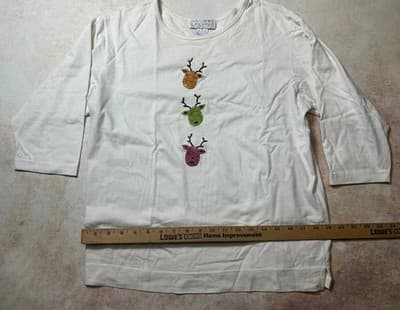 Vintage Casey Coleman 3/4 Sleeve White with Colorful Reindeer Top Women's Small - Thumbnail 5