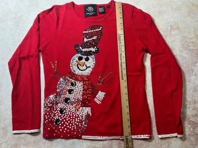 Women's Michael Simon Snowman Lightweight Long Sweater Top Size Small Sequins - Thumbnail 5