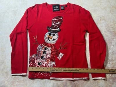 Women's Michael Simon Snowman Lightweight Long Sweater Top Size Small Sequins - Thumbnail 6