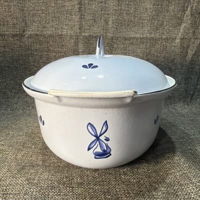 VTG 50's DRU HOLLAND #28 CAST IRON OVAL BLUE TULIP CASSEROLE W / LID - Thumbnail 6