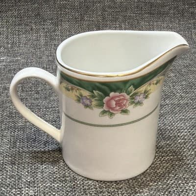 Vintage Creamer & Sugar Farberware Legend Green With Pink Flowers Gold Trim 435K - Thumbnail 9
