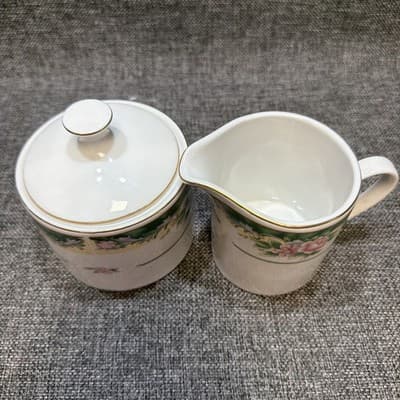 Vintage Creamer & Sugar Farberware Legend Green With Pink Flowers Gold Trim 435K - Thumbnail 2