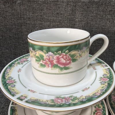 Set 3 Vintage Coffee Cups Saucer Plate Farberware Legend Green Pink Flowers Gold - Thumbnail 2