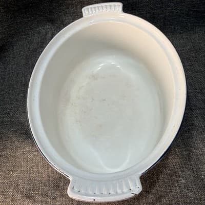 VTG 50's DRU HOLLAND #28 CAST IRON OVAL BLUE TULIP CASSEROLE W / LID - Thumbnail 9