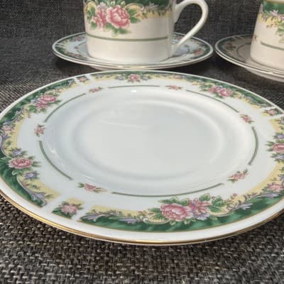 Set 3 Vintage Coffee Cups Saucer Plate Farberware Legend Green Pink Flowers Gold - Thumbnail 5