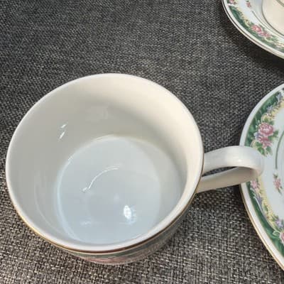 Set 3 Vintage Coffee Cups Saucer Plate Farberware Legend Green Pink Flowers Gold - Thumbnail 6