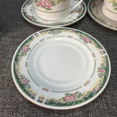 Set 4 Vintage Coffee Cups Saucer Plate Farberware Legend Green Pink Flowers Gold - Thumbnail 3