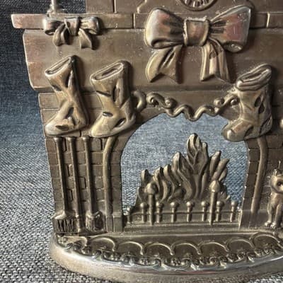 VTG Godinger Silver Art Christmas Fireplace Candle Holder Cat Wreath Stocking - Thumbnail 3
