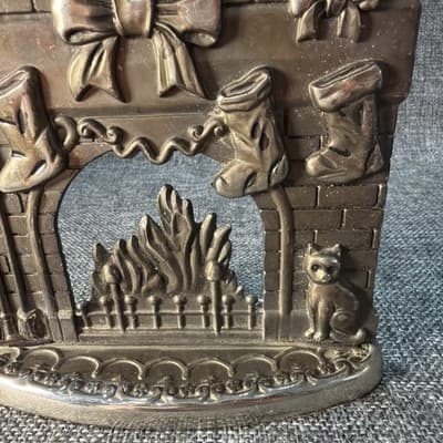 VTG Godinger Silver Art Christmas Fireplace Candle Holder Cat Wreath Stocking - Thumbnail 2