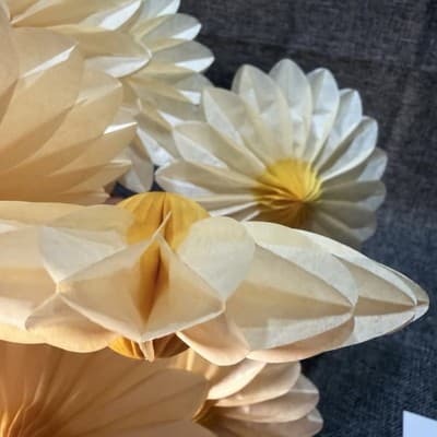 VTG Set of 8 Honeycomb Paper Flower Decorations 6" Yellow Cream Daisy MCM Party - Thumbnail 5