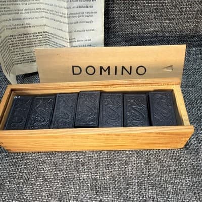 Vintage Dominoes Game Set Black Tiles Dragon Back Wood Box Complete Instructions - Thumbnail 8