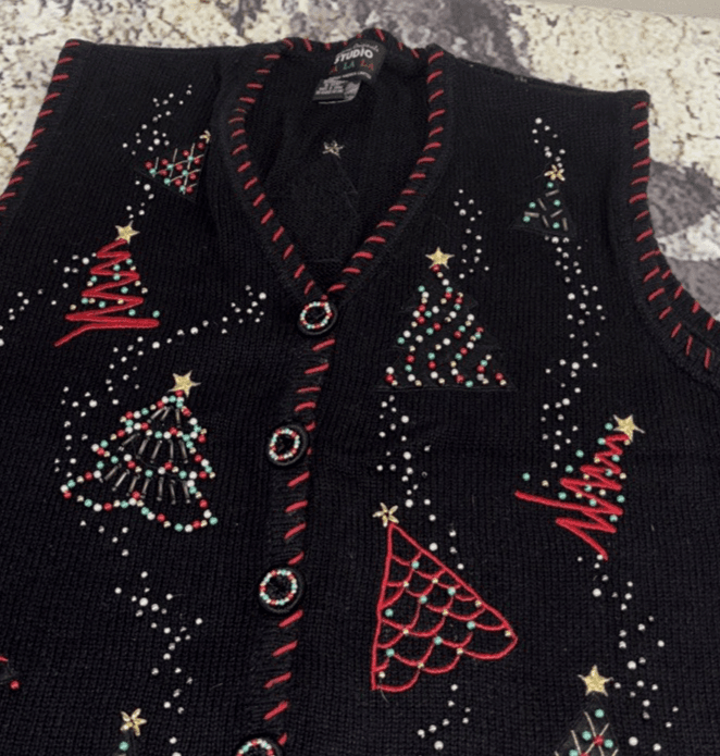 Christmas Tree Beaded Knit Sweater “Ugly” Vest Large Fa La La Women’s Black VTG - Thumbnail 3