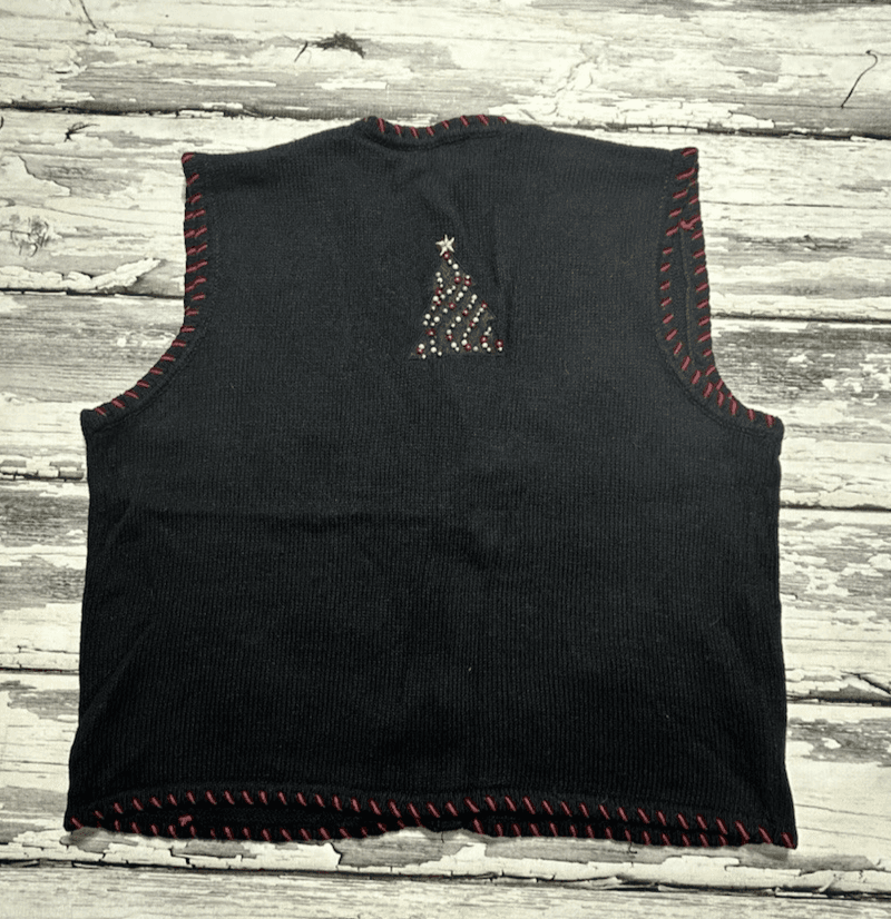 Christmas Tree Beaded Knit Sweater “Ugly” Vest Large Fa La La Women’s Black VTG - Thumbnail 8