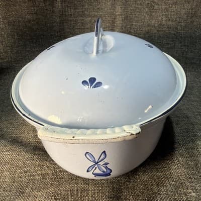 VTG 50's DRU HOLLAND #28 CAST IRON OVAL BLUE TULIP CASSEROLE W / LID - Thumbnail 8