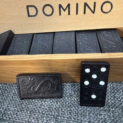 Vintage Dominoes Game Set Black Tiles Dragon Back Wood Box Complete Instructions - Thumbnail 2