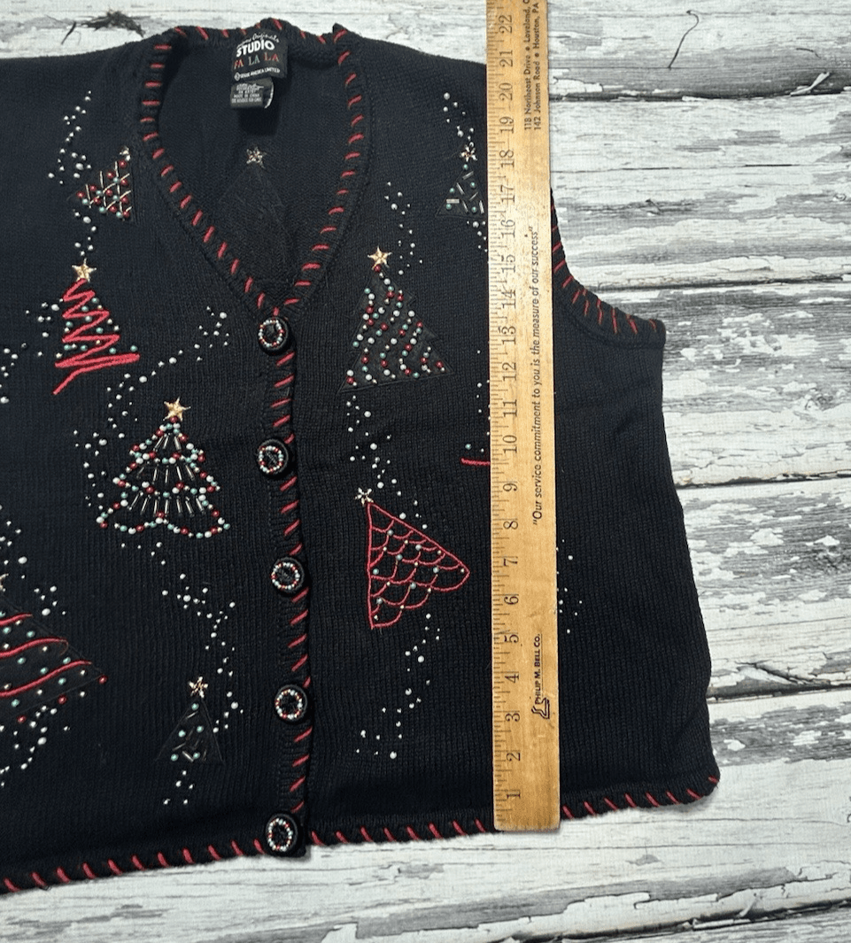 Christmas Tree Beaded Knit Sweater “Ugly” Vest Large Fa La La Women’s Black VTG - Thumbnail 10
