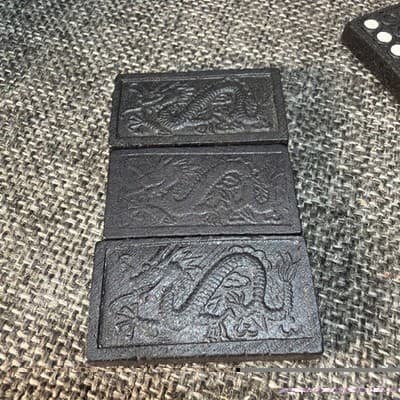 Vintage Dominoes Game Set Black Tiles Dragon Back Wood Box Complete Instructions - Thumbnail 4