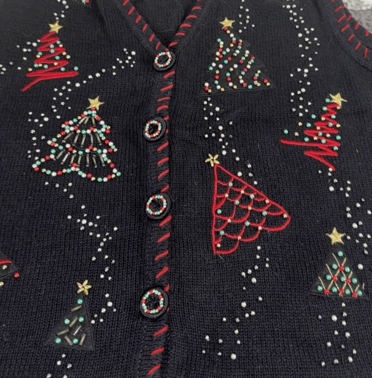 Christmas Tree Beaded Knit Sweater “Ugly” Vest Large Fa La La Women’s Black VTG - Thumbnail 2