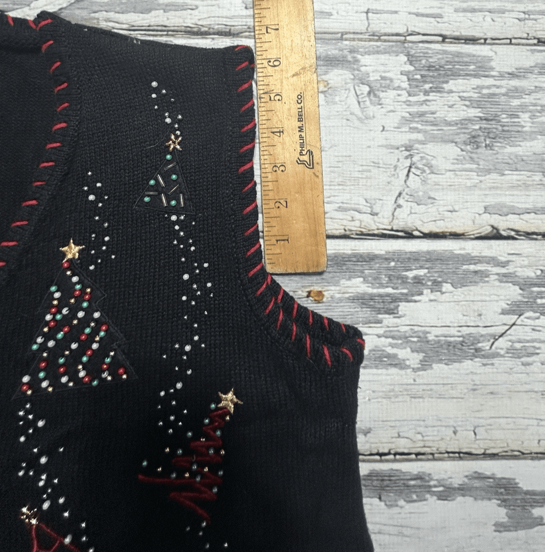 Christmas Tree Beaded Knit Sweater “Ugly” Vest Large Fa La La Women’s Black VTG - Thumbnail 9