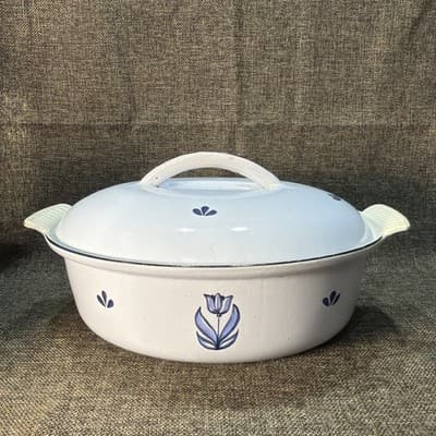 VTG 50's DRU HOLLAND #28 CAST IRON OVAL BLUE TULIP CASSEROLE W / LID - Thumbnail 7