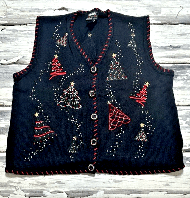 Christmas Tree Beaded Knit Sweater “Ugly” Vest Large Fa La La Women’s Black VTG