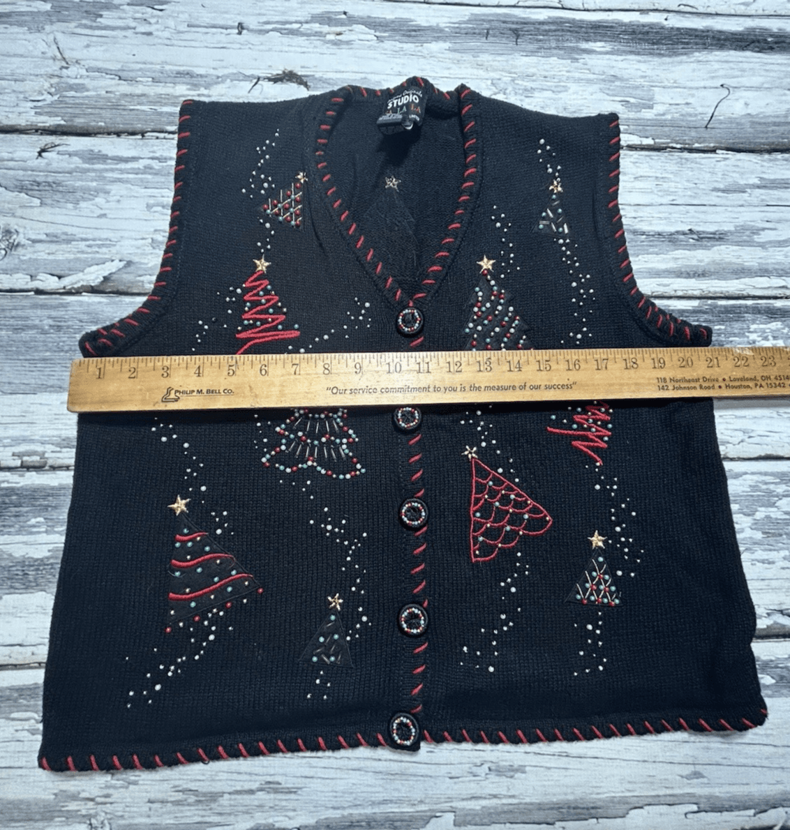 Christmas Tree Beaded Knit Sweater “Ugly” Vest Large Fa La La Women’s Black VTG - Thumbnail 12
