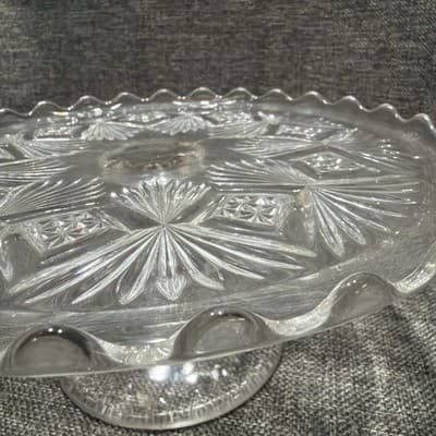 EAPG Bryce Higbee Melrose Cake Stand Sheaf and Diamond Clear Glass 1894 UV Glow - Thumbnail 4