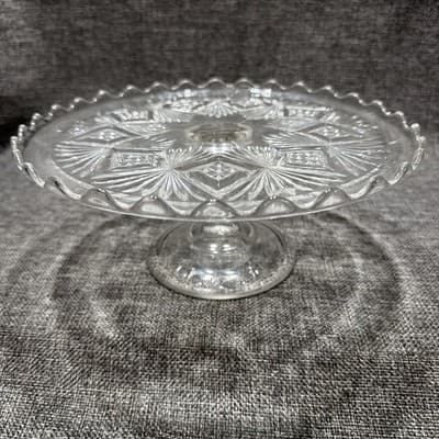 EAPG Bryce Higbee Melrose Cake Stand Sheaf and Diamond Clear Glass 1894 UV Glow