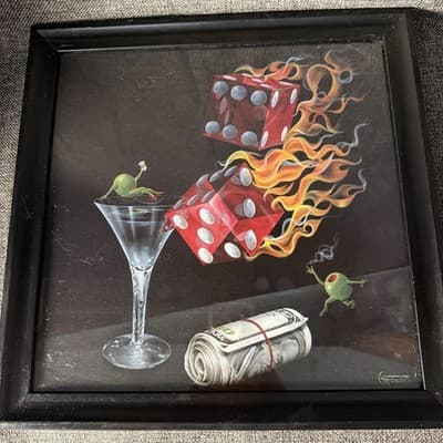 MICHAEL GODARD FRAMED-BLACK-13.25 “SHOOT THE WAD" Olive Flaming Dice 2010 Print