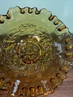 VTG Imperial Glass Amber Windmill Scene Ruffled Crimped Edge Bowl Heavy Dish - Thumbnail 2