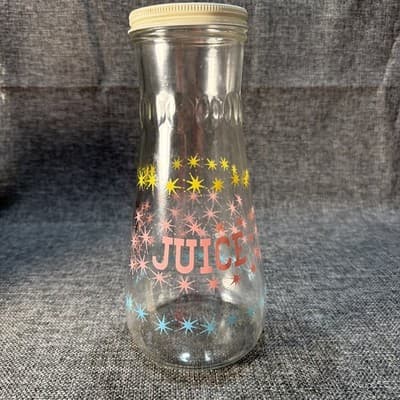 Vintage Hazel Atlas Atomic Starburst Juice Glass Carafe Pink Blue Yellow w Lid