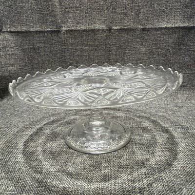 EAPG Bryce Higbee Melrose Cake Stand Sheaf and Diamond Clear Glass 1894 UV Glow - Thumbnail 8