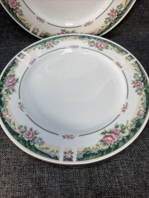 Set 4 Vintage Dinner Plates 10.5” Farberware Legend Green Pink Flowers Gold 435K - Thumbnail 10