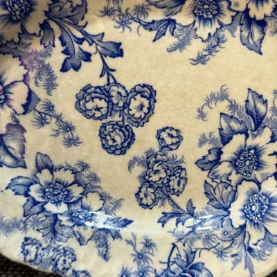 Vintage Taylor Smith Taylor Dogwood Pickle Small Oval Plater Blue Flowers Patina - Thumbnail 2