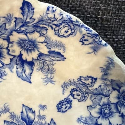 Vintage Taylor Smith Taylor Dogwood Pickle Small Oval Plater Blue Flowers Patina - Thumbnail 4