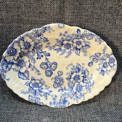 Vintage Taylor Smith Taylor Dogwood Pickle Small Oval Plater Blue Flowers Patina