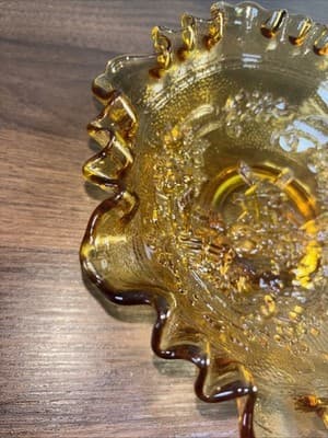VTG Imperial Glass Amber Windmill Scene Ruffled Crimped Edge Bowl Heavy Dish - Thumbnail 7