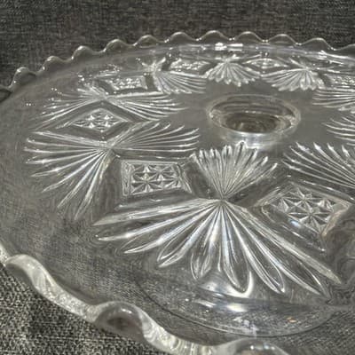 EAPG Bryce Higbee Melrose Cake Stand Sheaf and Diamond Clear Glass 1894 UV Glow - Thumbnail 3