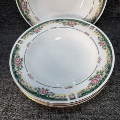 Set 4 Vintage Soup Pasta Bowls 9” Farberware Legend Green Pink Flowers Gold 435K - Thumbnail 2