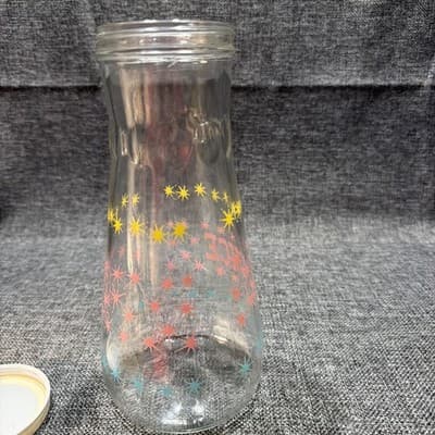 Vintage Hazel Atlas Atomic Starburst Juice Glass Carafe Pink Blue Yellow w Lid - Thumbnail 9