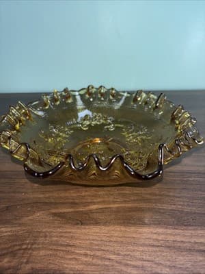 VTG Imperial Glass Amber Windmill Scene Ruffled Crimped Edge Bowl Heavy Dish - Thumbnail 4
