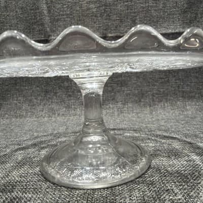 EAPG Bryce Higbee Melrose Cake Stand Sheaf and Diamond Clear Glass 1894 UV Glow - Thumbnail 5