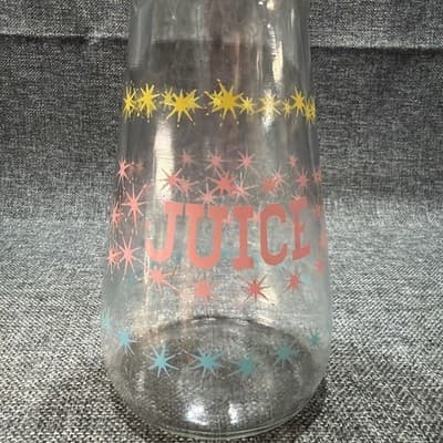 Vintage Hazel Atlas Atomic Starburst Juice Glass Carafe Pink Blue Yellow w Lid - Thumbnail 2