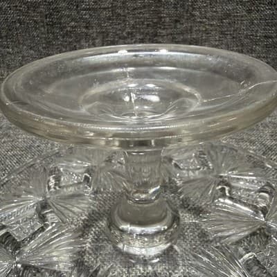 EAPG Bryce Higbee Melrose Cake Stand Sheaf and Diamond Clear Glass 1894 UV Glow - Thumbnail 10