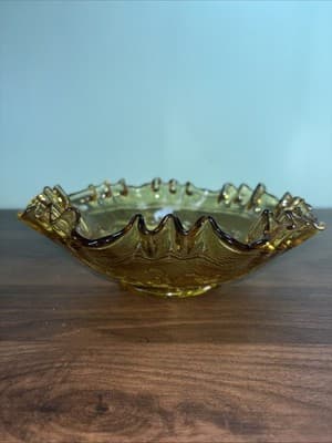 VTG Imperial Glass Amber Windmill Scene Ruffled Crimped Edge Bowl Heavy Dish - Thumbnail 8