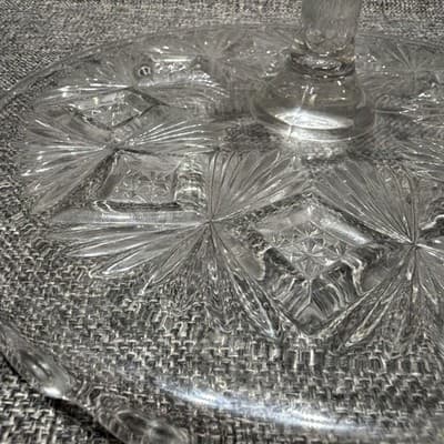 EAPG Bryce Higbee Melrose Cake Stand Sheaf and Diamond Clear Glass 1894 UV Glow - Thumbnail 9