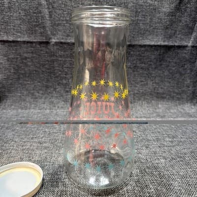 Vintage Hazel Atlas Atomic Starburst Juice Glass Carafe Pink Blue Yellow w Lid - Thumbnail 8